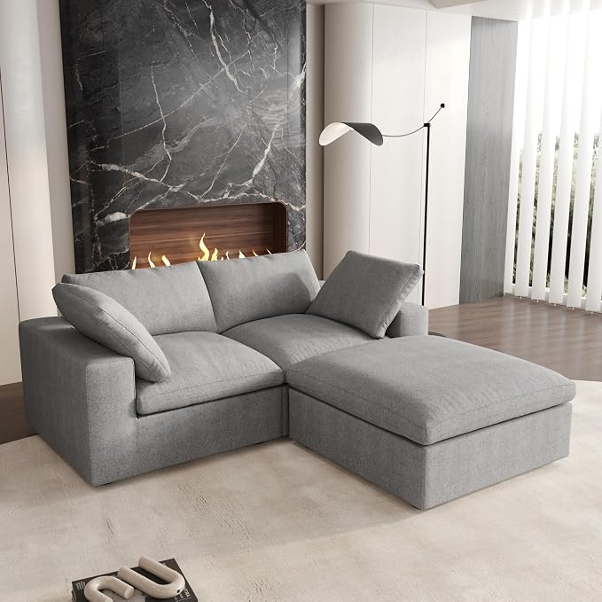 Cloud Couch Modular Sectional Sofa for LivingRoom, 80.3" Down Filled L Shaped Couch, 2 Seater+ 1 Storage Ottoman Convertible Funiture for Apartment(Grey, LoveSeat+1 Ottoman)
