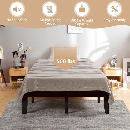 COSTWAY Full Size Wood Platform Bed Frame, 14 Inches Solid Rubber Wood Bed Mattress Foundation with Sturdy Slats Support, Easy Assembly Bed Frame for Home Hotel, No Box Spring Needed (Espresso, Full)