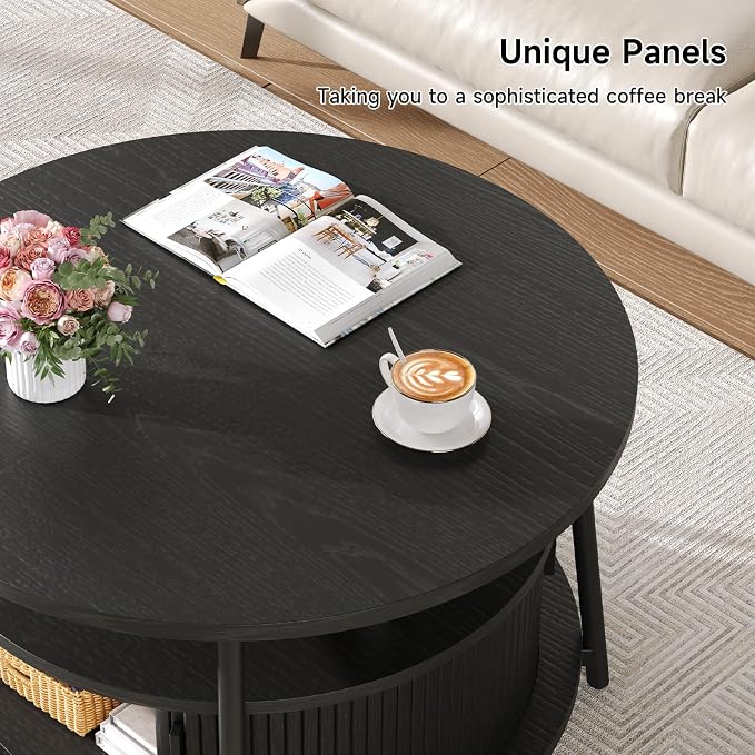 31.5 Inch Round Coffee Table with Storage, Fluted Coffee Tables with 2 Tiers, Mid-Century Modern Center Table with 2 Sliding Doors and Adjustable Footpad for Living Room, Black