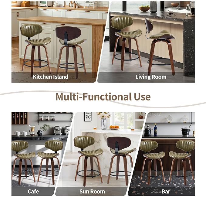 Modern Bar Stools Set of 2, 24 inch PU Leather Wooden Bentwood Barstools Counter Height Swivel Breakfast Bar Chairs with Backrest Footrest for Kitchen Island, Dining Room D035-Olive Green-2
