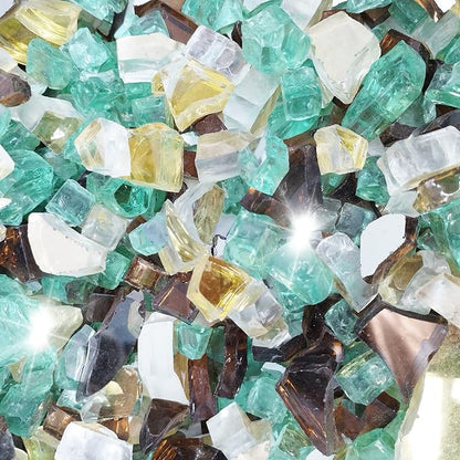 10 Pound 1/2 Inch Crushed Fire Glass for Natural or Propane Fire Pit Fireplace and Landscaping, 10 Pounds Golden,Copper, Light Green