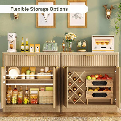 TEENFON 63" Fluted Buffet Sideboard Cabinet with Storage, Buffet Table Coffee Bar Wine Bar Storage Cabinet with Adjustable Shelf for Living Room, Kitchen, Natural