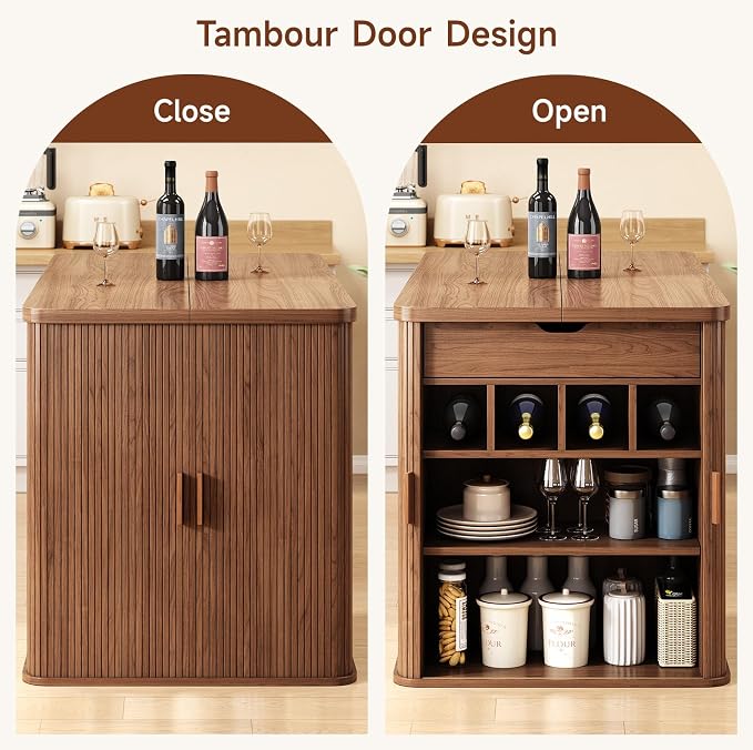 ONBRILL 61 Inch Kitchen Island with Storage, Fluted Counter Height Table, Mid-Century Modern Kitchen Island Table with Sliding Door, Home Bar Tables with Wine Rack and Drawers (Walnut)