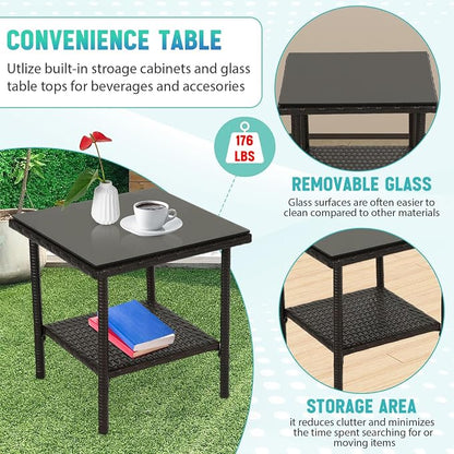 FDW 3 Piece Bistro Conversation Set Patio Brown Wicker Chairs Furniture Outdoor Furniture Set 2 Rattan Chairs with Red Cushions and Glass Coffee Table for Porch Lawn Garden Balcony Backyard