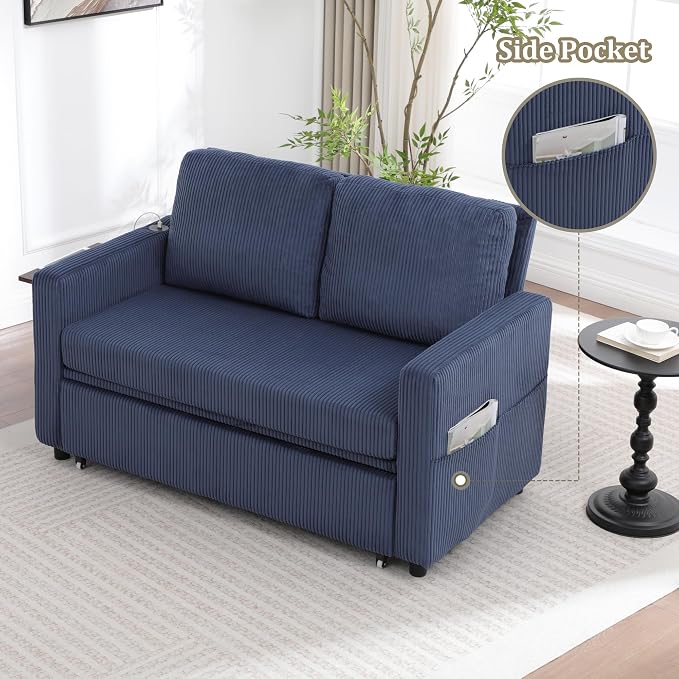 3 in 1 Folding Convertible Sleeper Sofa Bed, Pull Out Couch with Side Pockets,USB Port,Side Table,Loveseat Sofa Bed with Adjustable Backrest for Living Room Bedroom 66" Blue 2 SEAT