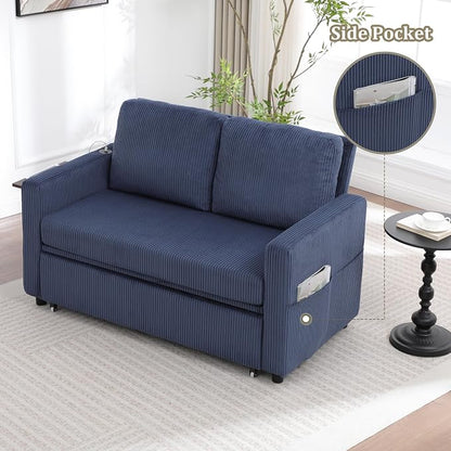 3 in 1 Folding Convertible Sleeper Sofa Bed, Pull Out Couch with Side Pockets,USB Port,Side Table,Loveseat Sofa Bed with Adjustable Backrest for Living Room Bedroom 66" Blue 2 SEAT
