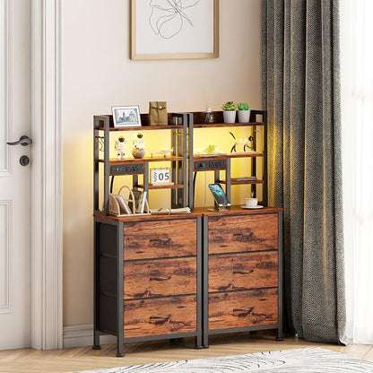 Furnulem Night Stand Set 2, 45.3" Tall Bedside End Table, Rustic Brown | RGB LED Lights, 4-Tier Storage Shelves & 3 Fabric Drawers, Metal Frame, Wood Desktop, Easy Assembly for Bedroom Dorm Hallway