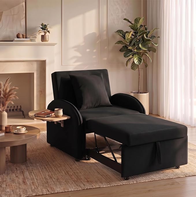 3-in-1 Convertible Sleeper Bed, Pull Out Single Sofa Bed with Adjustable Backrest, Foldable Recliner Sofa with Side Table & USB Port, Sleeper Chair for Living Room, Home Office, Black