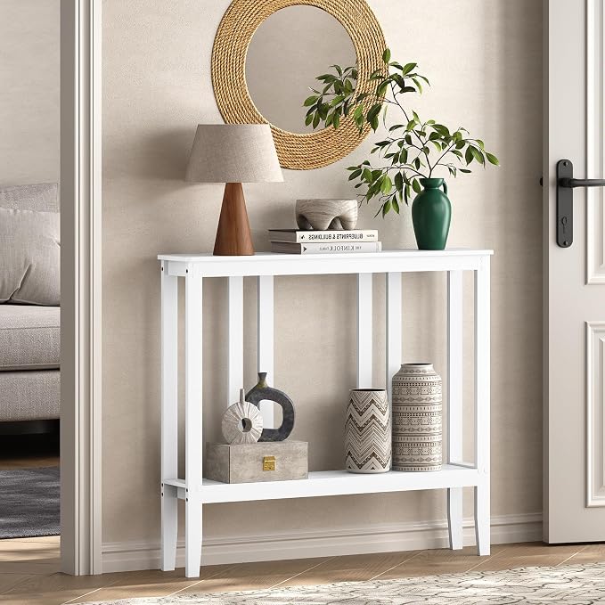 ELYKEN Bamboo 2-Tier Narrow Console Table, 36.2" Long Slim Sofa Table Behind Couch for Entryway, Hallway, Living Room, White