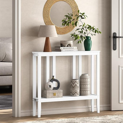 ELYKEN Bamboo 2-Tier Narrow Console Table, 36.2" Long Slim Sofa Table Behind Couch for Entryway, Hallway, Living Room, White