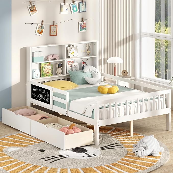 Giantex Full Bed with 2 Storage Drawers, Solid Wood Kids Bed Frame w/Bookcase Headboard & Blackboard, Full-Length Guardrails & Wooden Slats Support, Full Size Bed Frame for Kids Boys Girls, White