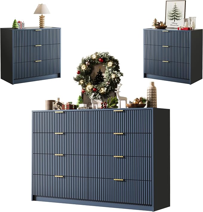 MAISONARIA 3-Piece Dresser Bedroom Set, 8 Drawer Dresser & 3 Drawer Nightstands with Gold Handles, Fluted Wood Chest of Drawers for Bedroom, Living Room, Entryway, Navy Blue