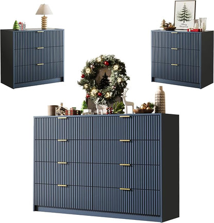 MAISONARIA 3-Piece Dresser Bedroom Set, 8 Drawer Dresser & 3 Drawer Nightstands with Gold Handles, Fluted Wood Chest of Drawers for Bedroom, Living Room, Entryway, Navy Blue