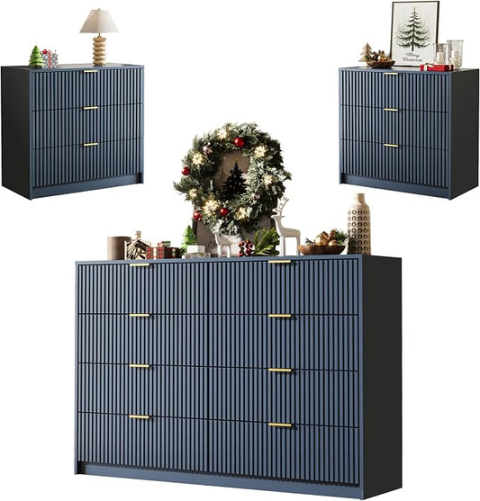 MAISONARIA 3-Piece Dresser Bedroom Set, 8 Drawer Dresser & 3 Drawer Nightstands with Gold Handles, Fluted Wood Chest of Drawers for Bedroom, Living Room, Entryway, Navy Blue
