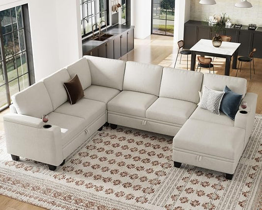 Belffin Chenille Modular Sectional Sofa Convertible L Shaped Corner Couches for Living Room with Storage Armrest with Cup Holder White Couch