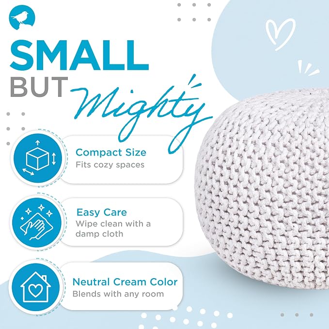 BIRDROCK HOME Round Pouf Ottoman Foot Rest - 18.5”x18.5”x15” Boho Compact Comfortable Soft Cotton Braided Foot Stool with Bean Bag Filling for Living Room, Bedroom, or Nursery (Ivory)