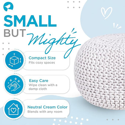 BIRDROCK HOME Round Pouf Ottoman Foot Rest - 18.5”x18.5”x15” Boho Compact Comfortable Soft Cotton Braided Foot Stool with Bean Bag Filling for Living Room, Bedroom, or Nursery (Ivory)