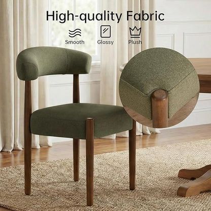 VKNOW Wooden Dining Chairs Set of 4, Modern Upholstered Dining Room Chairs with Walnut Wood Legs and Curved Backrest, Fabric Kitchen Chairs for Farmhouse/Living Room/Dining Room, Green