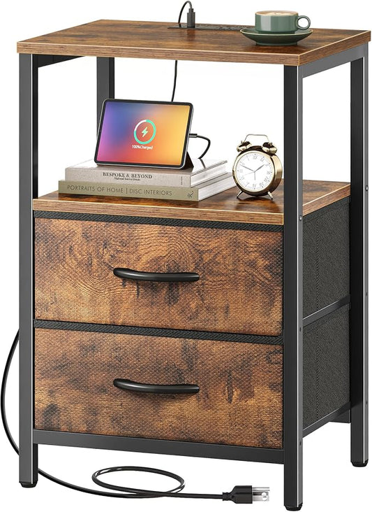 Huuger Nightstand with Charging Station, Fabric Drawers, End Table with Open Shelf, Bedside Table with USB Ports and Outlets, Night Stand for Bedroom, Rustic Brown