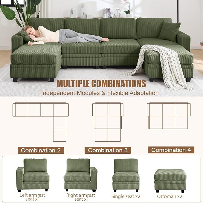 127" Modular Sectional Sofa with Storage, Corduroy 6-Seater U-Shaped Sofa with Ottoman Chaise, Cloud Sectional Couches for Living Room, Apartment