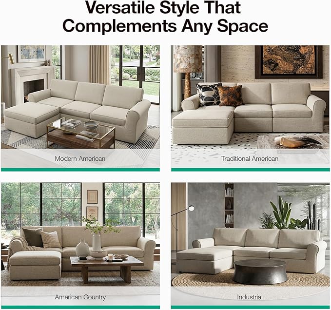 Novilla 138" Modular Sectional Sofa, Modular Sectional Couches for Living Room, Chenille Removable Cover Boneless Couch with Smarts Coil® Support U-Shaped Couch(Beige, 4 Seater + 2 Ottoman)