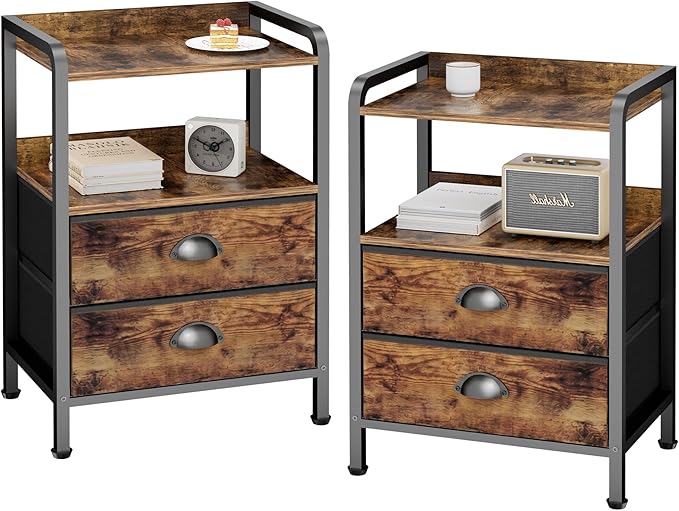 Night Stand Set 2, Nightstand with 2 Fabric Drawer, End Table with Open Shelf, Bedside Table Side Table with Wooden Top for Bedroom, Rustic Brown