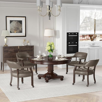 LEEMTORIG Large Dining Chairs with Casters and Arms, Rolling Dining Chairs with Wheels, Boss Caption's Chairs, 26" D x 25.2" W x 31.5" H, Espresso Legs & Dark Brown Fabric SY-318-DK