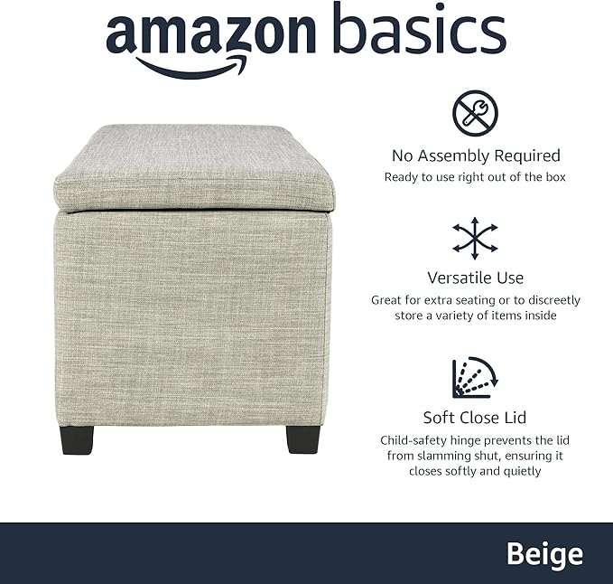 Basics Upholstered Storage Ottoman Bench with Soft Close Lid, Child-Safety Hinge, No Assembly Required, 35.5"W x 16.5"D x 17"H, Beige