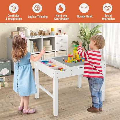 Costzon Kids Table, 3 in 1 Wood Building Block Desk w/Storage, Paper Roll, Reversible Tabletop for Toddler Arts, Crafts, Drawing, Reading, Playing, Gift for Boys Girls, Activity Table (White)