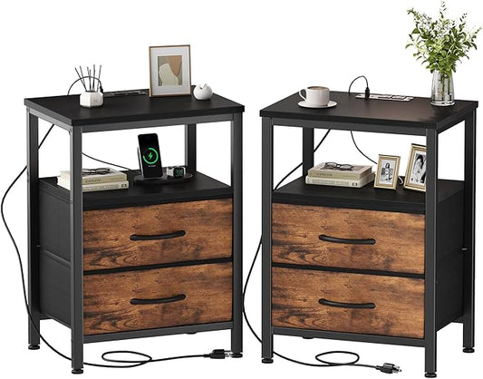 DUMOS Nightstand Set of 2 with Built in Charging Station USB Ports and Outlets Adjustable Fabric Drawer Storage Bedside Table with Open Shelf for Bedroom,Black and Brown