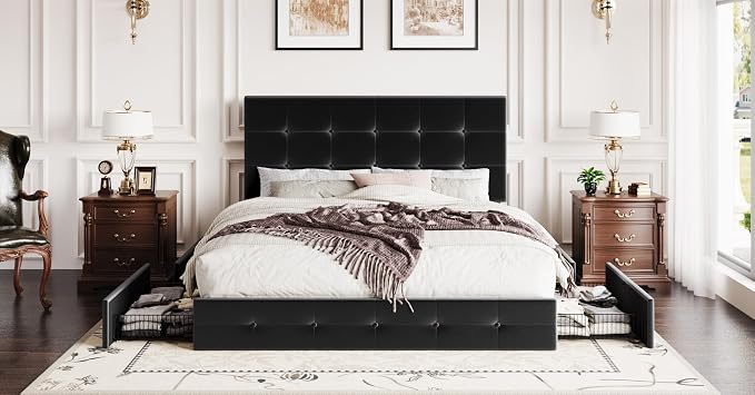 SHA CERLIN Queen Platform Bed Frame with 4 Oversized Storage Drawers, Adjustable Headboard with Velvet Upholstery, Square Button Tufted Design, Wooden Slat Support, No Box Spring Needed, Black