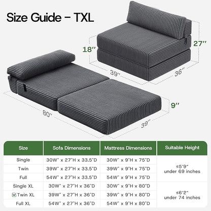 Convertible 4-in-1 Folding Sofa Bed Boneless Sleeper Chair Couch Foldable Chaise Lounger & Mattress Pocket Coils+Foam Medium Support, Portable No Assembly for Living Room/Bedroom, Twin XL