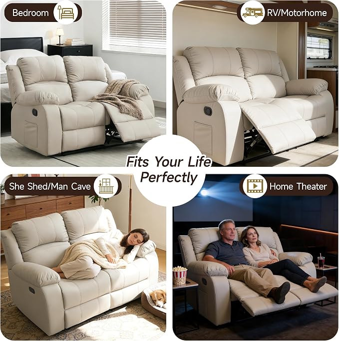 Reclining Loveseat Sofa Leather Recliner Couch 2 Seater Sofa for Living Room, Home Theater Seating(Loveseat,Beige)