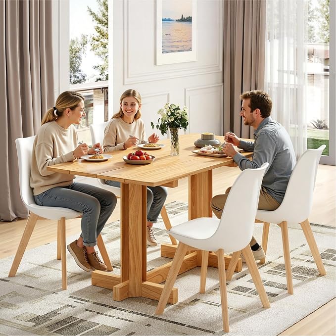 VECELO Dining Chairs Set of 4, Mid-Century Modern Kitchen & Dining Room Chairs, PU Leather Upholstered Seat, Solid Wood Legs, Armless, Non-Slip Feet, White
