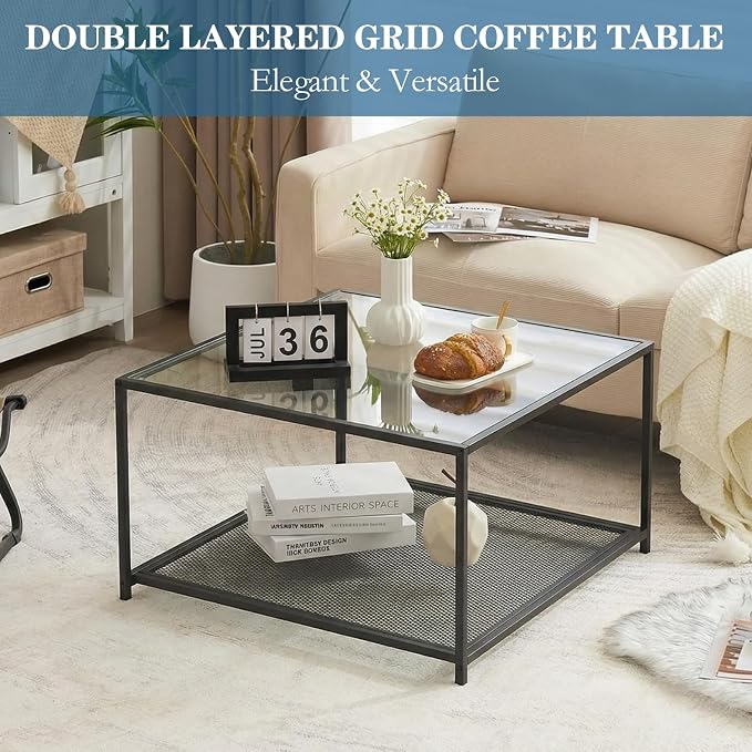 Black Glass Coffee Table, Square Coffee Tables with Storage Shelf, Simple Tea Cocktail Modern Center Tables for Small Space, Living Room, Easy Assembly, 26 * 26in（Black）