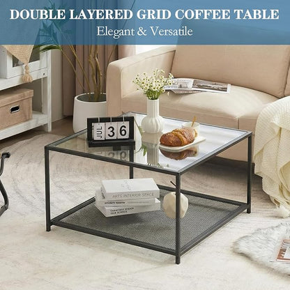 Black Glass Coffee Table, Square Coffee Tables with Storage Shelf, Simple Tea Cocktail Modern Center Tables for Small Space, Living Room, Easy Assembly, 26 * 26in（Black）