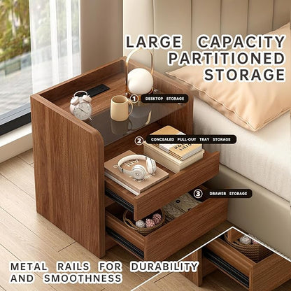Walnut Nightstand with Charging Station, 20 Inch Wide Night Stand with Deep Drawers, Modern Bedroom Bedside End Table with Round Corners & Reinforced Panel Design for Dorm, Sofa, Office