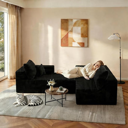 JINGLING 94" L Shape Couch with Right Chaise, Memory Foam Boneless Sectional Sofa in a Box, No Assembly Modular Small Couches for Small Spaces, Living Room, Apartments, Plush Corduroy, Black