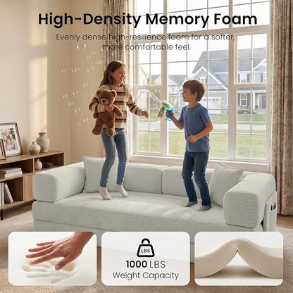 78.8" Convertible Sofa Bed,Corduroy Futon Couch with Storage Pocket,Folding Pull Out Futon Sofa,No Assembly Boneless Couch for Living Room, White