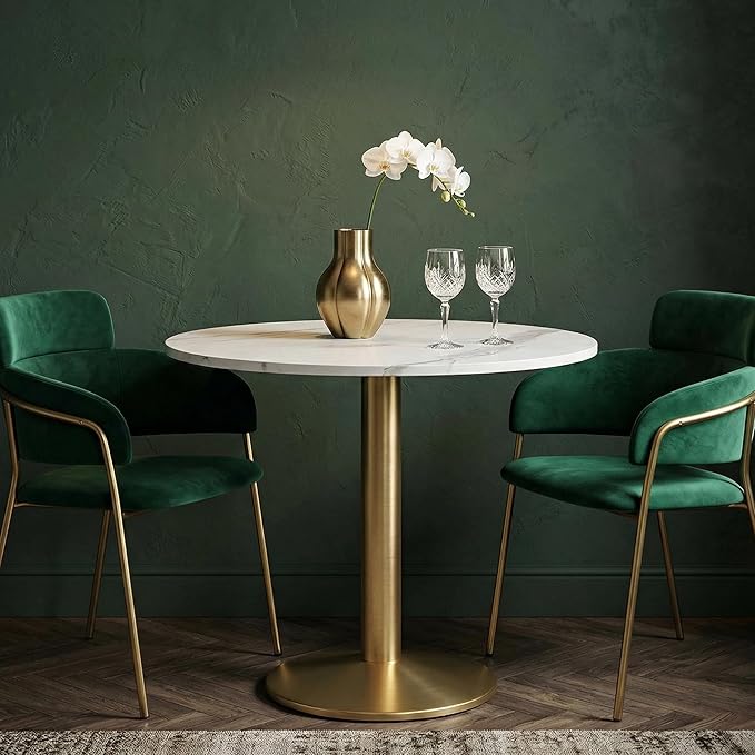 30 Inch Round Dining Table, Modern Tulip Bistro Table with White Faux Marble Top and Weighted Gold Pedestal Base, Small Kitchen Table for 2-4 People, Mid Century Style for Dining Room, Cafe, Office