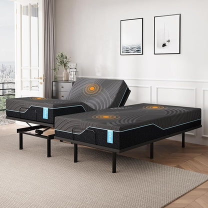 Dyonery Split King Adjustable Bed Base Frame with Wireless Remote + 14 Inch Blue Copper Memory Foam Mattress Bed in a Box, Head and Foot Incline & Massage, Zero Gravity, Fiberglass Free, 80" × 76"
