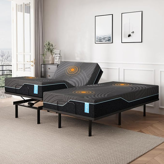 Dyonery Split King Adjustable Bed Base Frame with Wireless Remote + 14 Inch Blue Copper Memory Foam Mattress Bed in a Box, Head and Foot Incline & Massage, Zero Gravity, Fiberglass Free, 80" × 76"