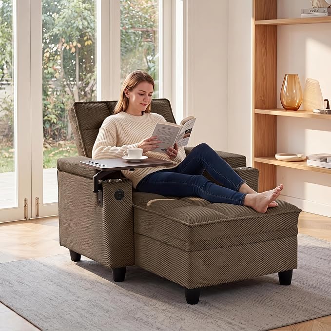 Convertible Sleeper Chair, Pull Out Sofa Bed with Adjustable Backrest & Hidden Storage Armrest, Single Sofa Recliner with USB Charging Port & Cup Holders for Living Room, Bedroom, Coffee