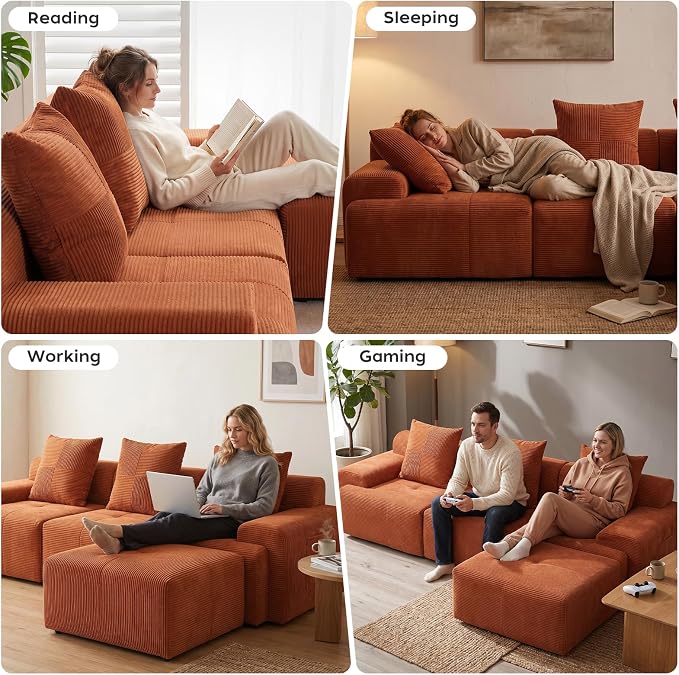 118" Sectional Boneless Oversize Modular Couches, Curved Cloud Sectional Sofa for Living Room, Corduroy U Shape Deep Seat Sofa with 2 Ottomans, No Assembly Required,Terracotta Orange