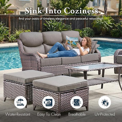 Belord Luxury 6" Thick Cushioned PE Wicker 3-Seater Outdoor Couch, All-Weather Comfortable Modern Patio Sofa, High Back Deep Seat Woven Outdoor Furniture for Porch Balcony, Lawn, Deck - BrownGrey