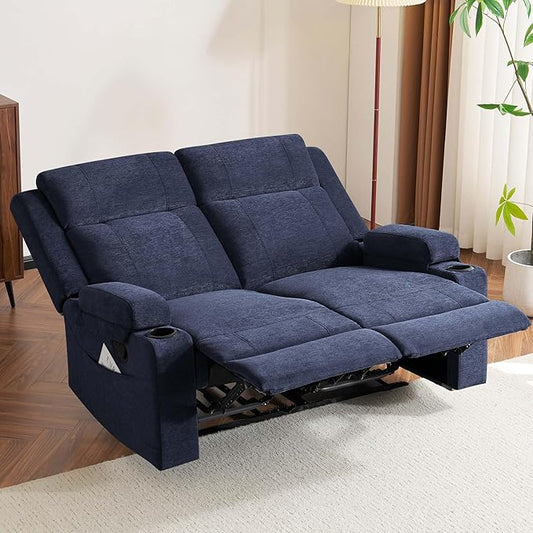 GUEAPY 55" Loveseat Reclining Sofa with Cup Holders – Manual Double Reclining Sofa for Aprtment & Small Spaces, Chenille Fabric Reclinig Couch with Wide Armrests & Side Storage for Livingroom Blue