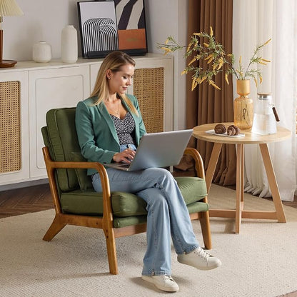 Bonnlo Dark Green Linen Mid Century Modern Accent Chair, Soild Wood Padding Lounge Armchairs Side Sitting Chairs for Living Room, Bedroom, Guest Room
