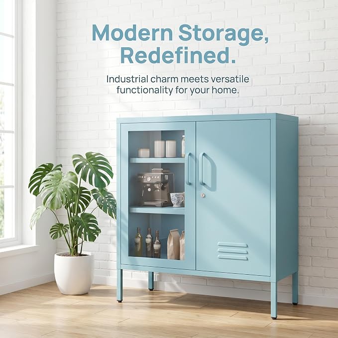 Locking Steel Storage Cabinet Shoe Cabinet for Living Room Bathroom Kitchen Left Glass Door Right Iron Door Blue Size：33" H x 29.5" W x 13.8" D