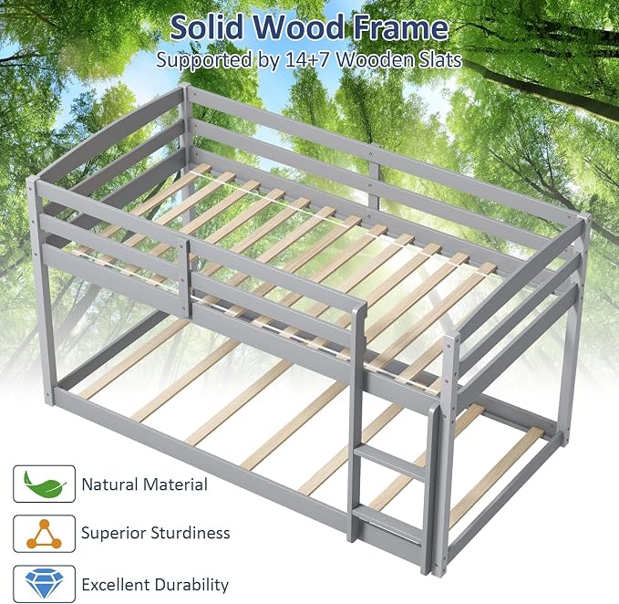 Giantex Twin Low Bunk Bed, Solid Wood Twin Over Twin Bunk Bed Frame with Full Guardrails & Integrated Ladder, Floor Twin Bunk Beds for Kids Boys and Girls, No Box Spring Needed, Grey