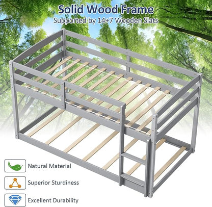 Giantex Twin Low Bunk Bed, Solid Wood Twin Over Twin Bunk Bed Frame with Full Guardrails & Integrated Ladder, Floor Twin Bunk Beds for Kids Boys and Girls, No Box Spring Needed, Grey